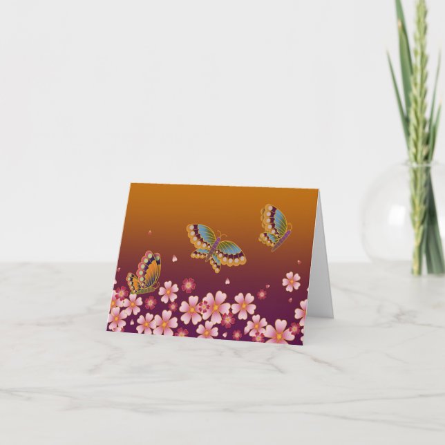 Japanese Butterflies Amid Sakura Bloom Gold & Plum Note Card (Front)