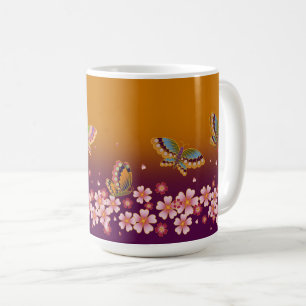 Japanese Butterflies Amid Sakura Blooms Gold Plum Coffee Mug