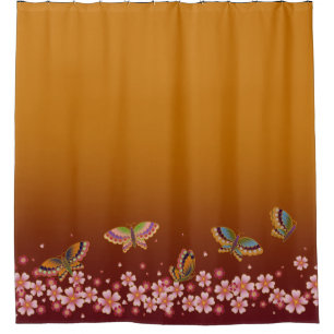 Japanese Butterflies Amid Sakura Blooms Gold  Plum Shower Curtain