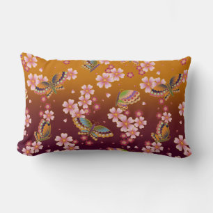 Japanese Butterflies Amid Sakura Blossoms Gold Lumbar Cushion