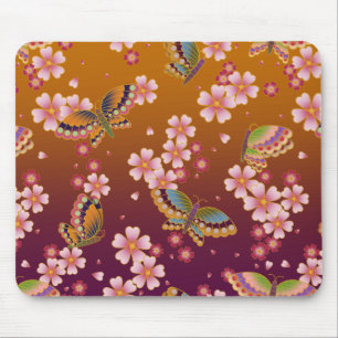 Japanese Butterflies Amid Sakura Blossoms Gold Mouse Pad