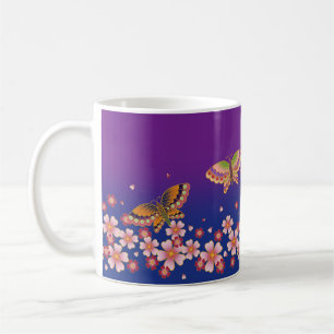 Japanese Butterflies Amid Sakura Blossoms Purple Coffee Mug