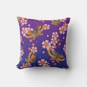 Japanese Butterflies Amid Sakura Blossoms Purple Cushion
