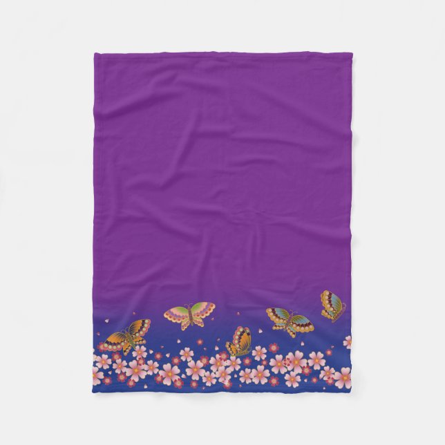 Japanese Butterflies Amid Sakura Blossoms Purple Fleece Blanket (Front)