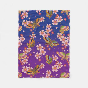 Japanese Butterflies Amid Sakura Blossoms Purple Fleece Blanket
