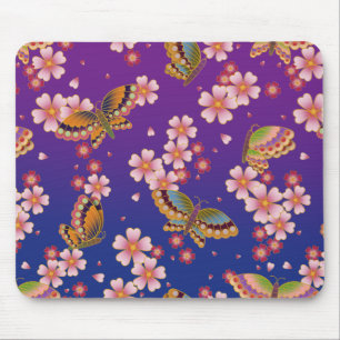 Japanese Butterflies Amid Sakura Blossoms Purple Mouse Pad