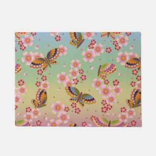 Japanese Butterflies Amid Sakura Blossoms Rainbow Doormat