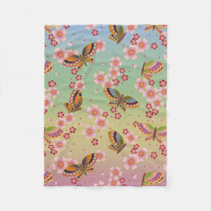 Japanese Butterflies Amid Sakura Blossoms Rainbow Fleece Blanket