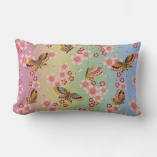 Japanese Butterflies Amid Sakura Blossoms Rainbow Lumbar Cushion