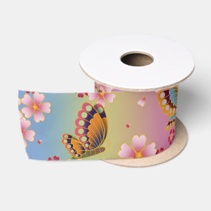Japanese Butterflies Amid Sakura Blossoms Rainbow Satin Ribbon