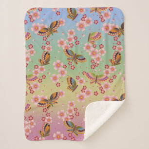Japanese Butterflies Amid Sakura Blossoms Rainbow Sherpa Blanket