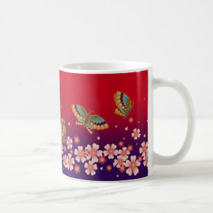 Japanese Butterflies Amid Sakura Blossoms Red Coffee Mug