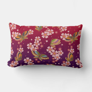 Japanese Butterflies Amid Sakura Blossoms Red Lumbar Cushion