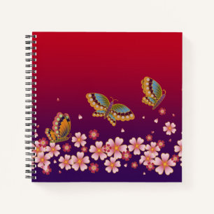 Japanese Butterflies Amid Sakura Blossoms Red Notebook