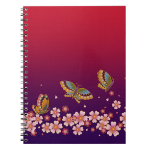 Japanese Butterflies Amid Sakura Blossoms Red Notebook