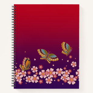 Japanese Butterflies Amid Sakura Blossoms Red Notebook