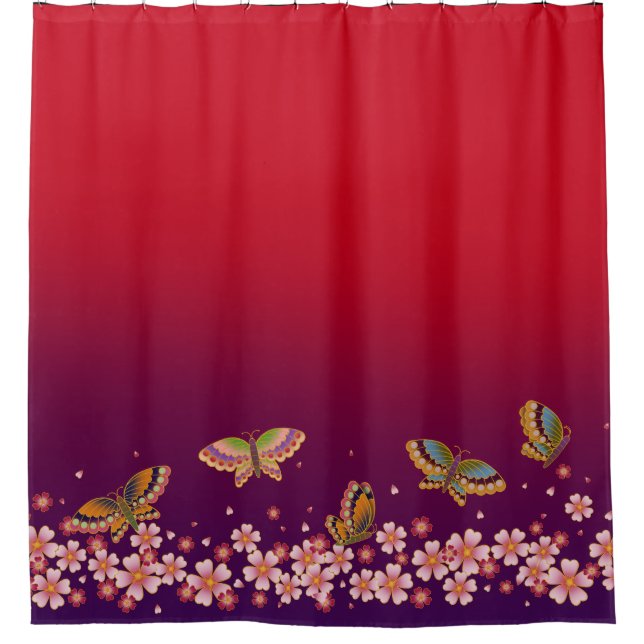 Japanese Butterflies Amid Sakura Blossoms Red Shower Curtain (Front)