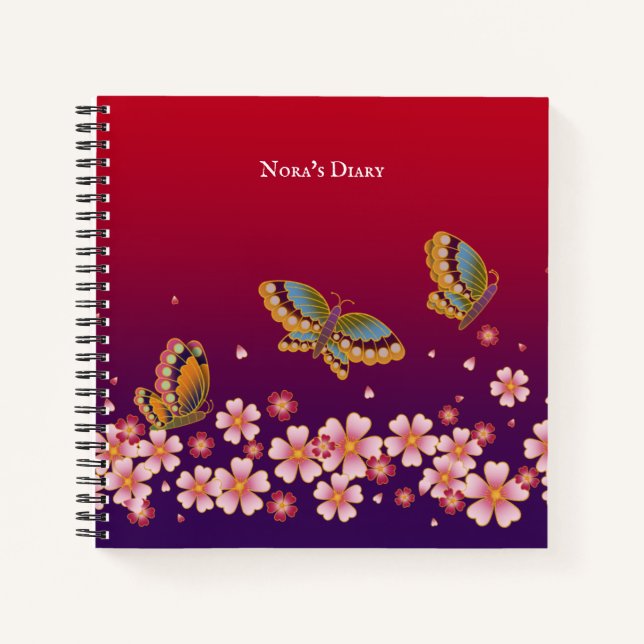 Japanese Butterflies Sakura Blossoms Personalised Notebook (Front)