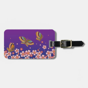 Japanese Butterflies & Sakura Blossoms Purple Blue Luggage Tag