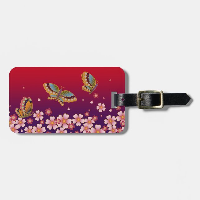 Japanese Butterflies & Sakura Blossoms Red Purple Luggage Tag (Front Horizontal)