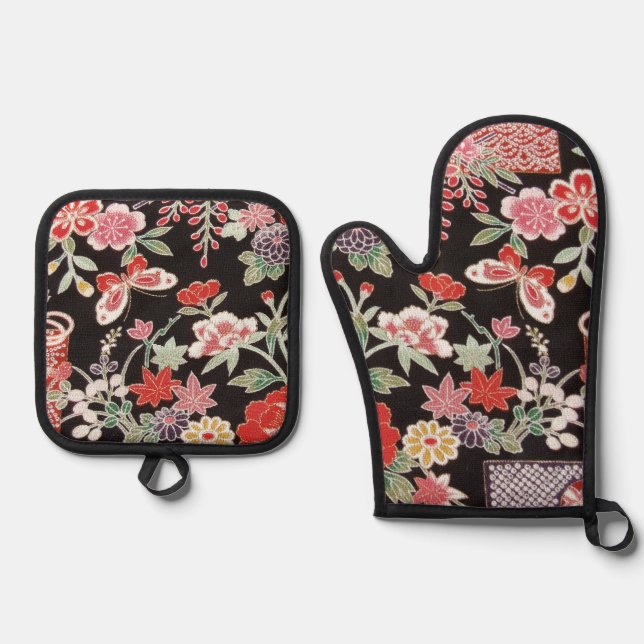 Japanese Butterfly & Flower Pattern Oven Mitt & Pot Holder Set (Front)