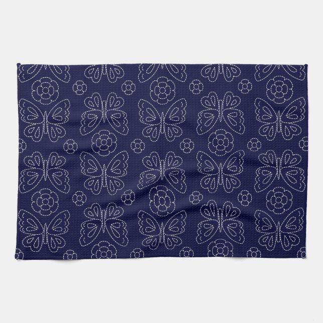 Japanese Butterfly Sashiko Tea Towel (Horizontal)