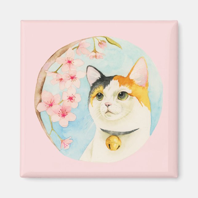 Japanese Calico Cat Watercolor Magnet (Front)