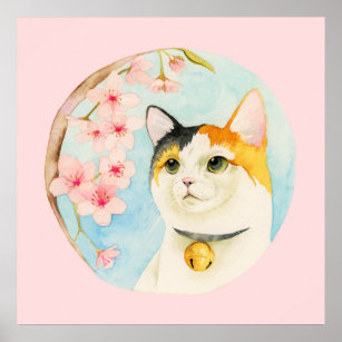 Japanese Calico Cat Watercolor Painting, Pop Art Poster
