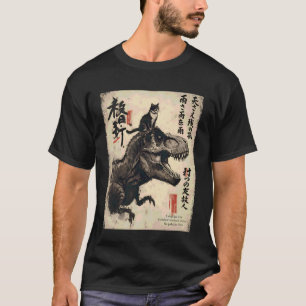 Japanese Calligraphy Cat Rides Dinosaur with Haiku T-Shirt