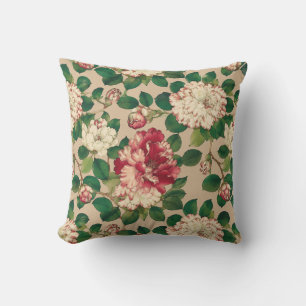 Japanese Camellia Pattern. Deep Pink on Beige Cushion