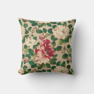 Japanese Camellia Pattern. Deep Pink on Beige Cushion