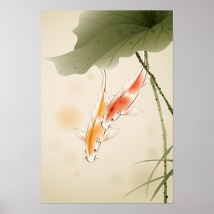 Japanese Carp fishes swimming in lotus pond Poster