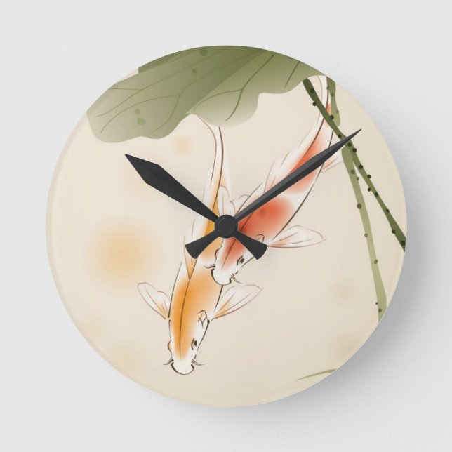 Japanese Carp fishes swimming in lotus pond Round Clock (Front)