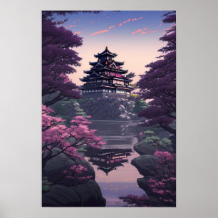 Japanese Castle in Bloom, Rocky Hilltop Fortress Poster