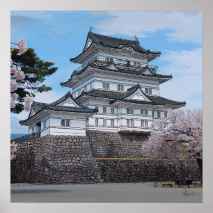 Japanese Castle, Odawara, sakura illustration Poster