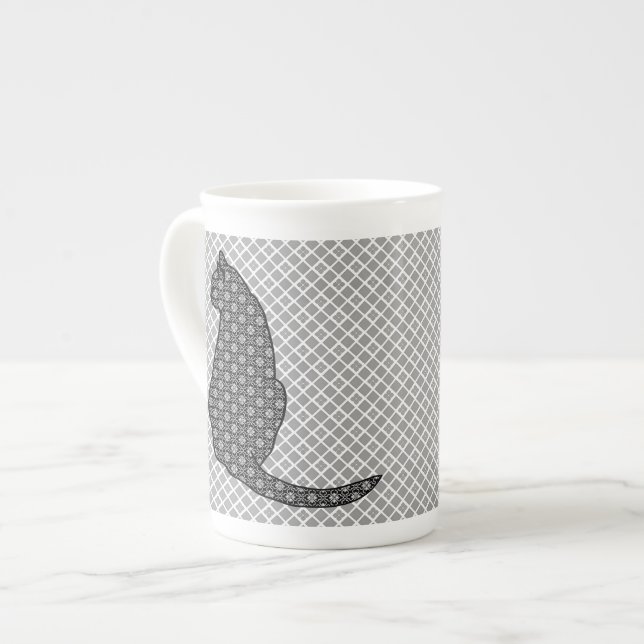 Japanese Cat - Black and White Kimono Print Bone China Mug (Front Left)