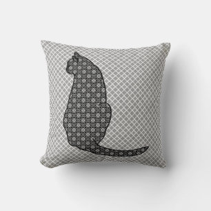 Japanese Cat - Black and White Kimono Print Cushion
