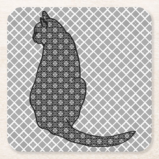 Japanese Cat - Black and White Kimono Print Square Paper Coaster (Front)