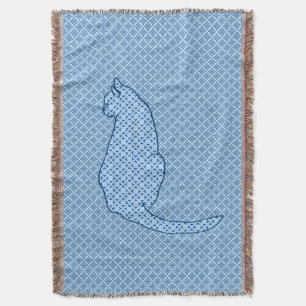 Japanese Cat - Blue Kimono Print Throw Blanket