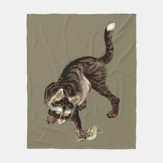 Japanese Cat Catching a Frog Fleece Blanket (Front)