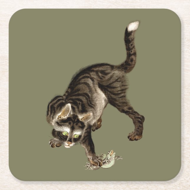 Japanese Cat Catching a Frog Square Paper Coaster (Front)