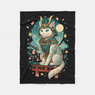 Japanese Cat Cherry Blossom Samurai Moonlight Fleece Blanket