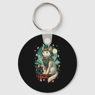 Japanese Cat Cherry Blossom Samurai Moonlight Key Ring
