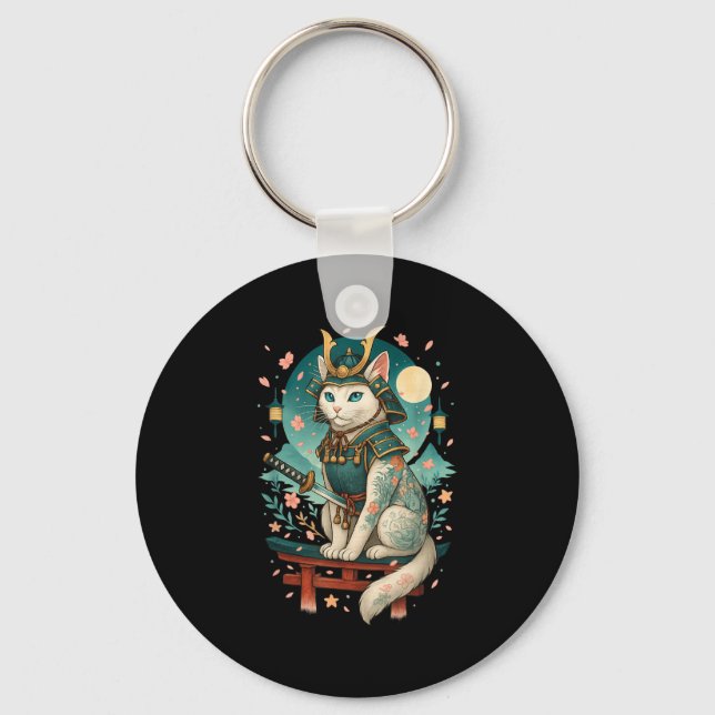 Japanese Cat Cherry Blossom Samurai Moonlight  Key Ring (Front)
