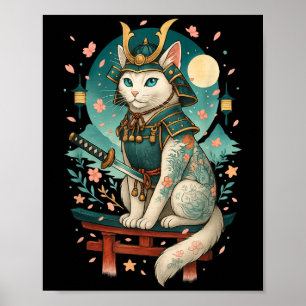 Japanese Cat Cherry Blossom Samurai Moonlight  Poster