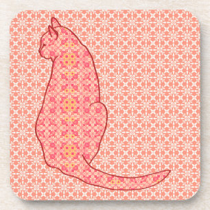 Japanese Cat - Coral Orange Batik Coaster
