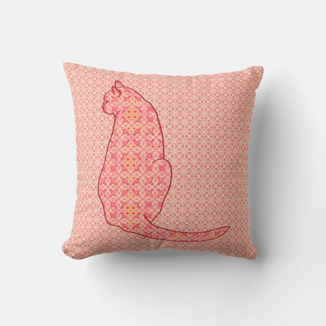 Japanese Cat - Coral Orange Batik Cushion (Front)