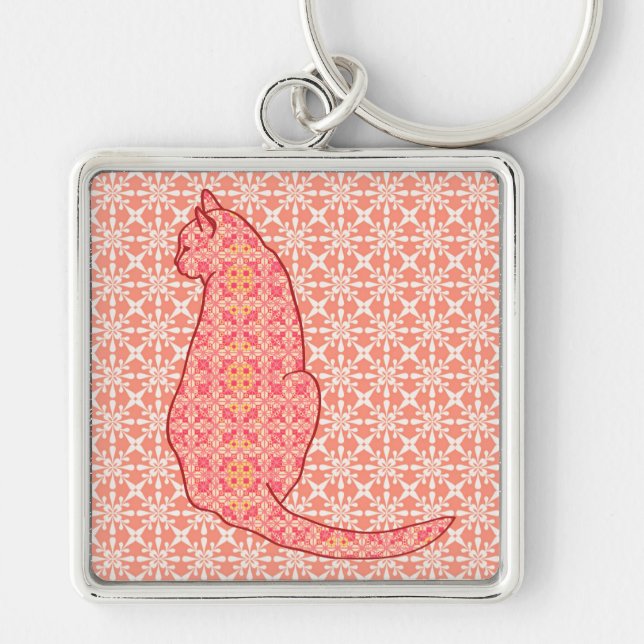 Japanese Cat - Coral Orange Batik Key Ring (Front)
