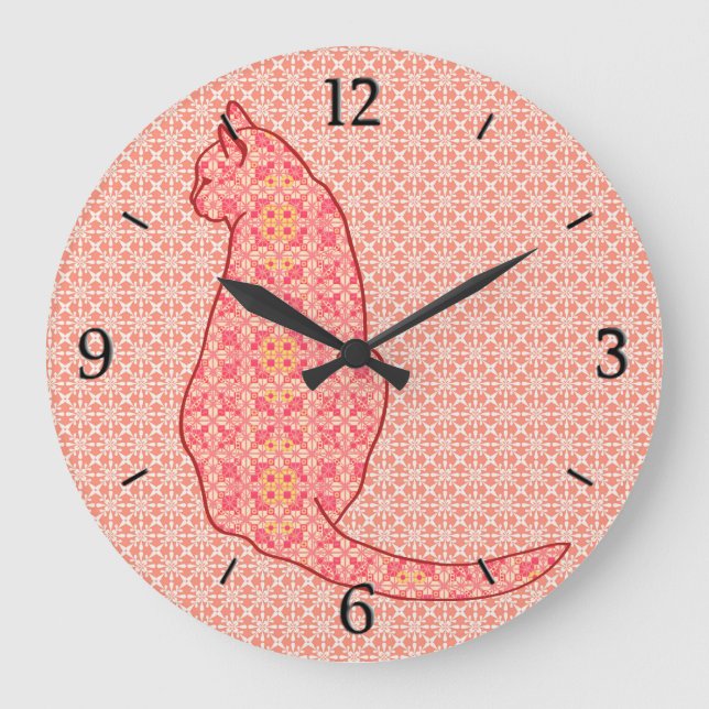 Japanese Cat - Coral Orange Batik Large Clock (Front)