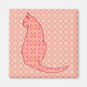 Japanese Cat - Coral Orange Batik Magnet